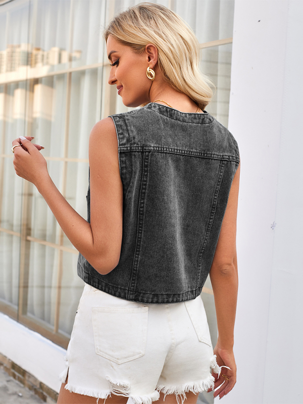 Presley Ladies New Washed Slim Collarless Denim Short Vest