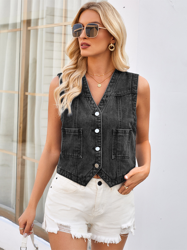 Presley Ladies New Washed Slim Collarless Denim Short Vest