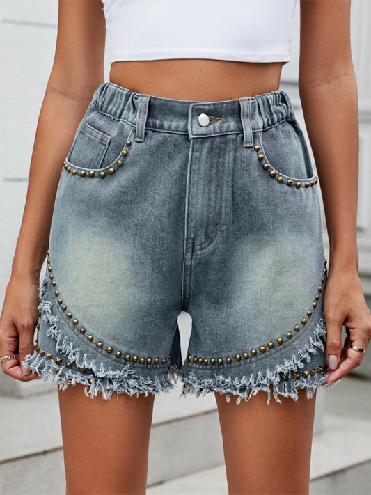 Lennon Ladies New Washed Casual Denim Rivet Raw Edge Shorts