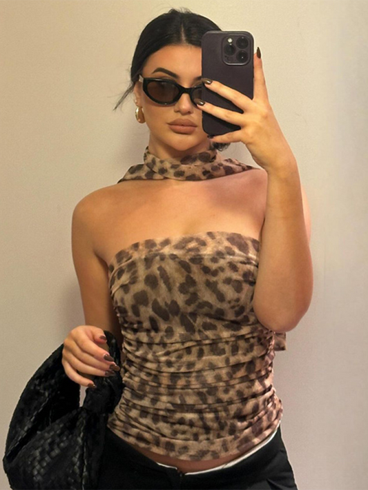 Adalyn New Leopard Print Hot Girl Pure Straight Neck Tube Top Slim Fit Vest
