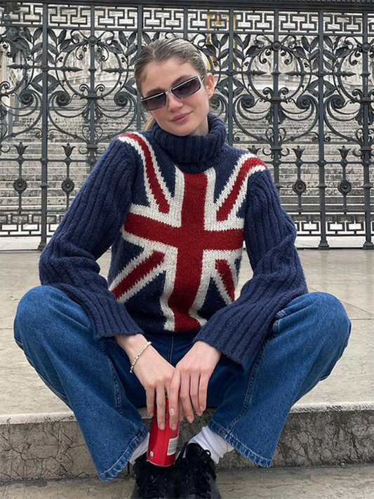 Sabrina Women's High Collar Flag Sweater Loose Long Sleeve Outer Wear Woolen Top