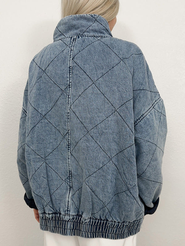 Angela Denim Quilted Cotton Thick Lapel Loose Double Pocket Jacket