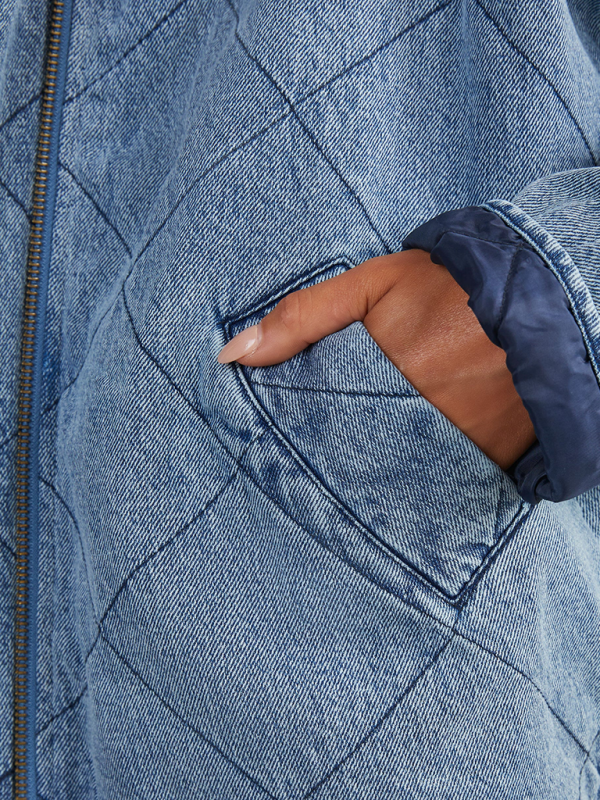 Angela Denim Quilted Cotton Thick Lapel Loose Double Pocket Jacket