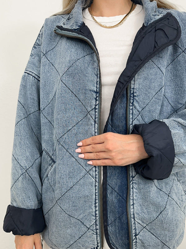 Angela Denim Quilted Cotton Thick Lapel Loose Double Pocket Jacket