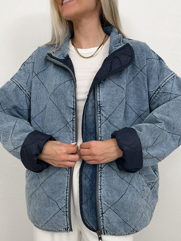 Angela Denim Quilted Cotton Thick Lapel Loose Double Pocket Jacket
