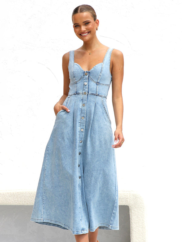 Hallie Light Blue Denim Buttoned Suspender Midi Skirt