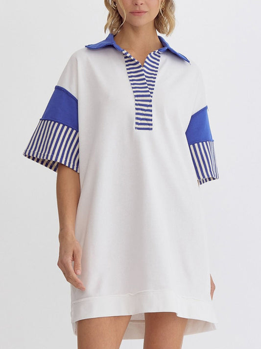 Evie Cotton Striped Solid Color Polo Lapel Loose T-shirt Short Skirt