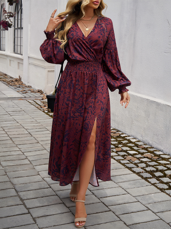 Adalee Women's Elegant V-neck High Waist Printed Dress