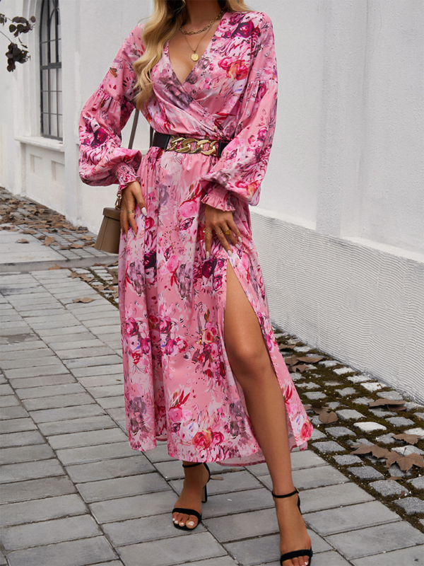 Adalee Women's Elegant V-neck High Waist Printed Dress
