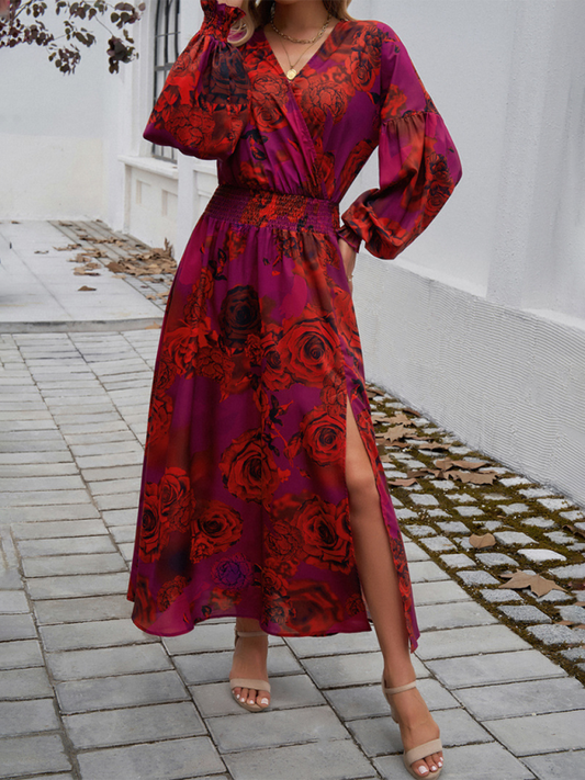 Adalee Women's Elegant V-neck High Waist Printed Dress