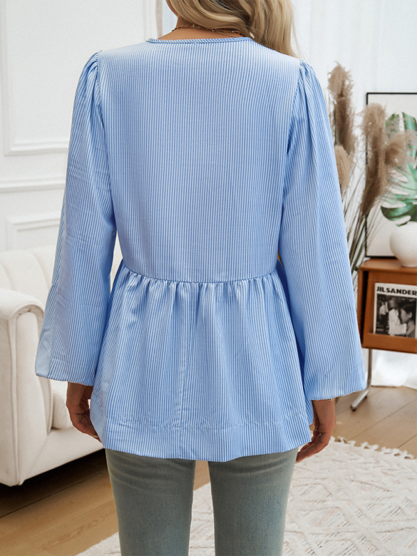 Brenna Women's Casual Loose Striped Lace-Up Shirt