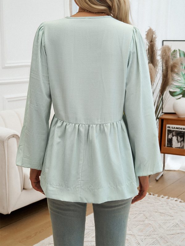 Brenna Women's Casual Loose Striped Lace-Up Shirt