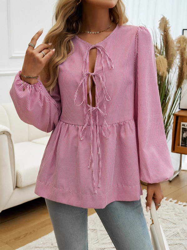 Brenna Women's Casual Loose Striped Lace-Up Shirt
