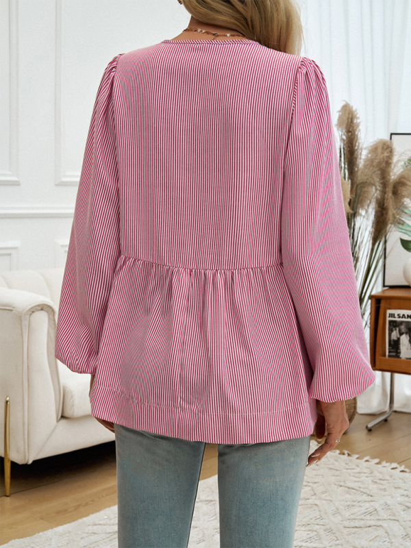 Brenna Women's Casual Loose Striped Lace-Up Shirt