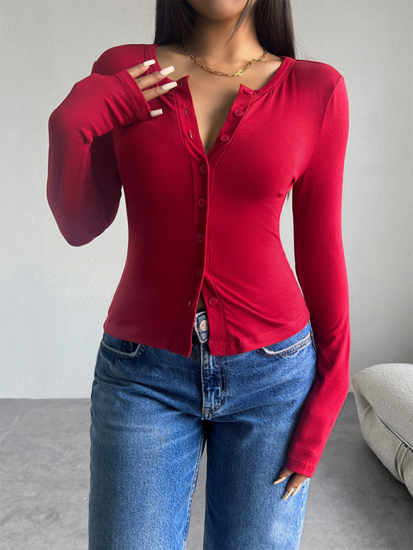 Indigo Solid Color Cardigan Button-Down Long Sleeve T-Shirt
