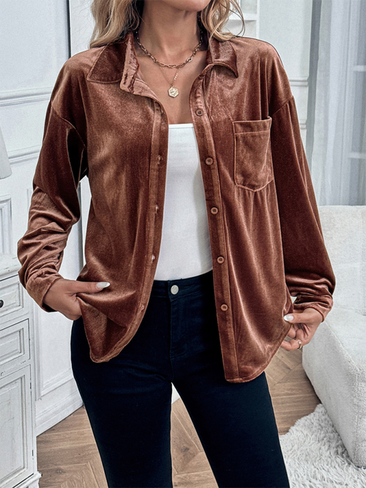 Carenza Lapel Long Sleeve Velvet Cardigan Top