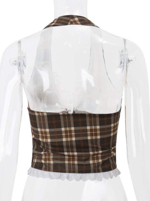 Liora New Fashion Sexy French Sweet Retro Plaid Halter Vest Top
