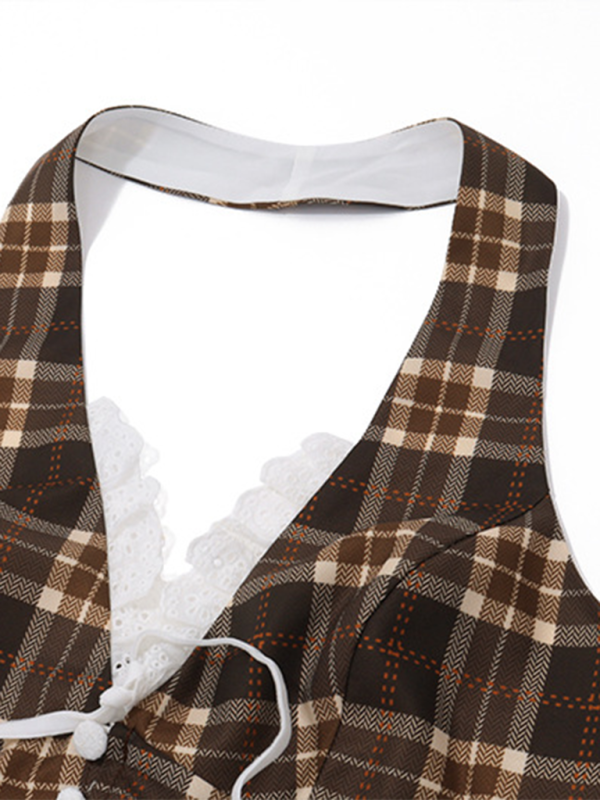 Liora New Fashion Sexy French Sweet Retro Plaid Halter Vest Top