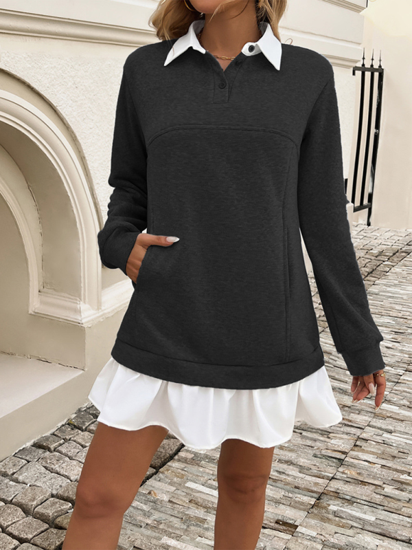 Allona Women's Casual Loose Pocket Patchwork Polo Neck Sweatshirt Dresses