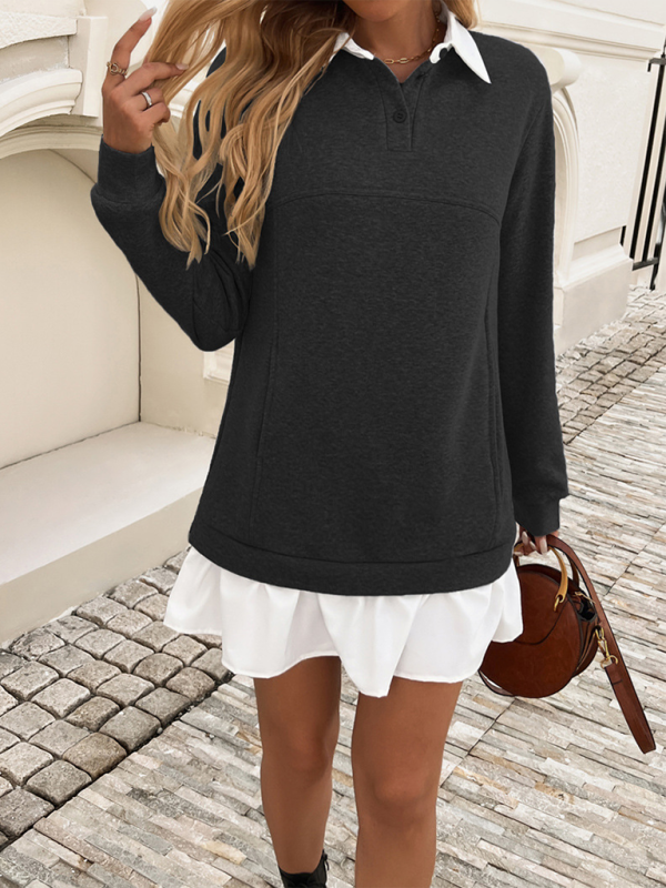Allona Women's Casual Loose Pocket Patchwork Polo Neck Sweatshirt Dresses