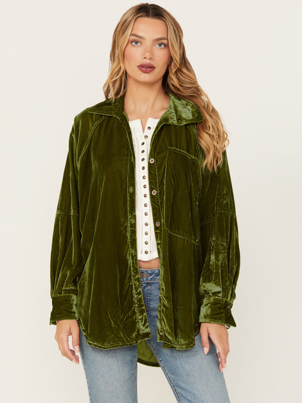 Davida Golden Velvet Oversize Long Sleeve Loose Shirt Jacket