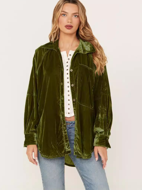Davida Golden Velvet Oversize Long Sleeve Loose Shirt Jacket