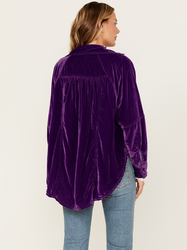 Davida Golden Velvet Oversize Long Sleeve Loose Shirt Jacket
