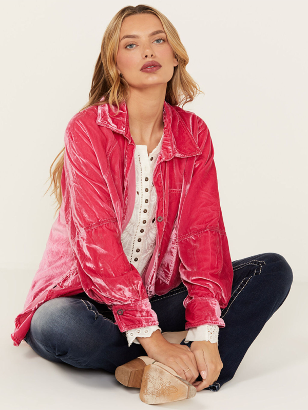 Davida Golden Velvet Oversize Long Sleeve Loose Shirt Jacket