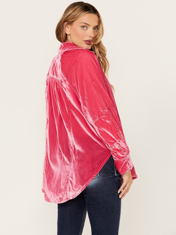 Davida Golden Velvet Oversize Long Sleeve Loose Shirt Jacket