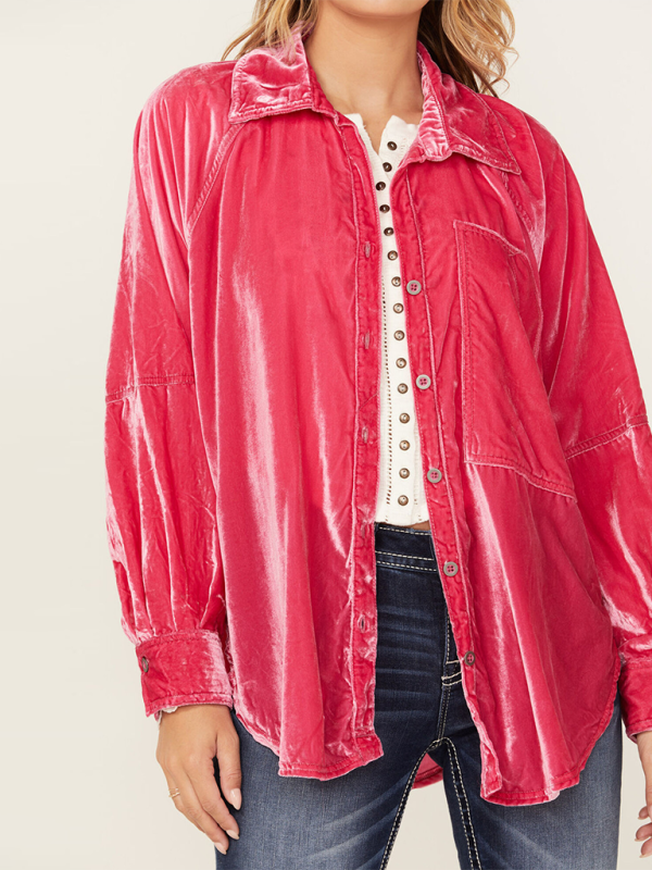 Davida Golden Velvet Oversize Long Sleeve Loose Shirt Jacket