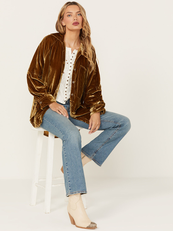 Davida Golden Velvet Oversize Long Sleeve Loose Shirt Jacket