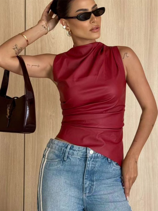 Rosanna New Leather Stacked Neck Personalized Waist Slant Hem Sleeveless Top
