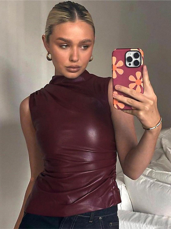 Rosanna New Leather Stacked Neck Personalized Waist Slant Hem Sleeveless Top