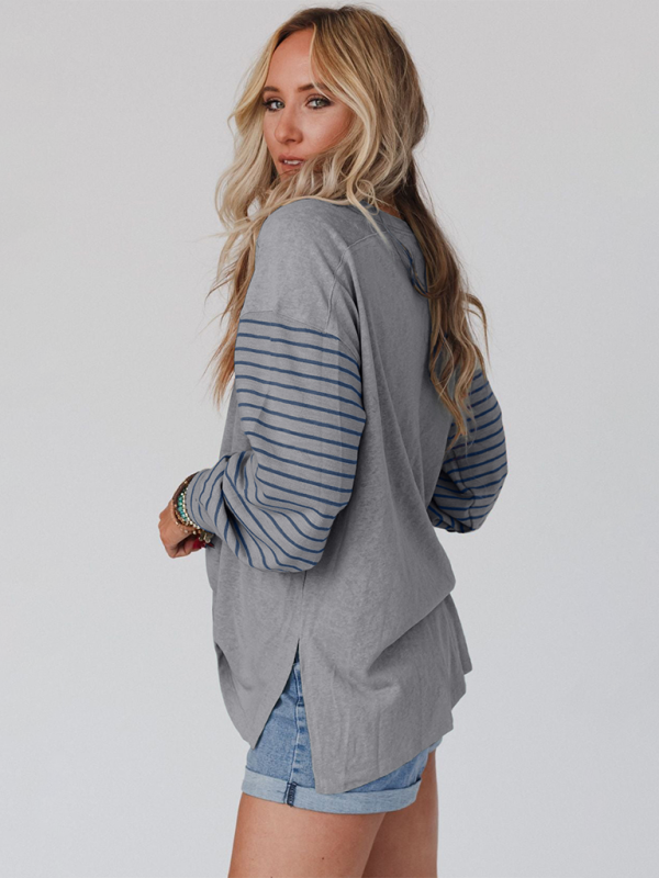 Seraphina New Pullover Round Neck Casual Striped Color Collision Long Sleeve T-Shirt