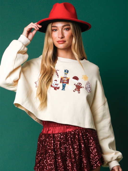 Christi Christmas Sequin Decoration Top Casual Long Sleeve Short Sweatshirt