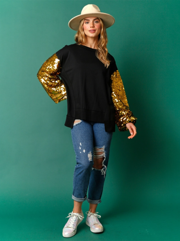 Elsa Christmas Sequin Sleeve Top Patchwork Long Sleeve Trendy Sweatshirt
