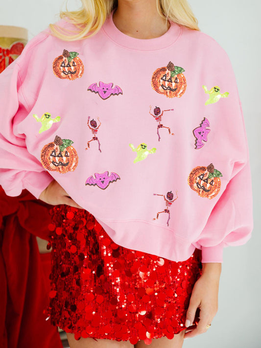 Chelsie Women's Halloween Multicolor Sequins Loose Long Sleeve Sweatshirt Round Neck Top