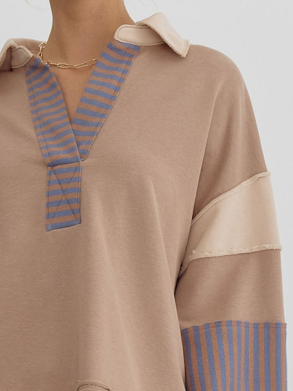 Madisyn Women's Sweatshirt Oversized Polo Neck Striped Colorblocking Top