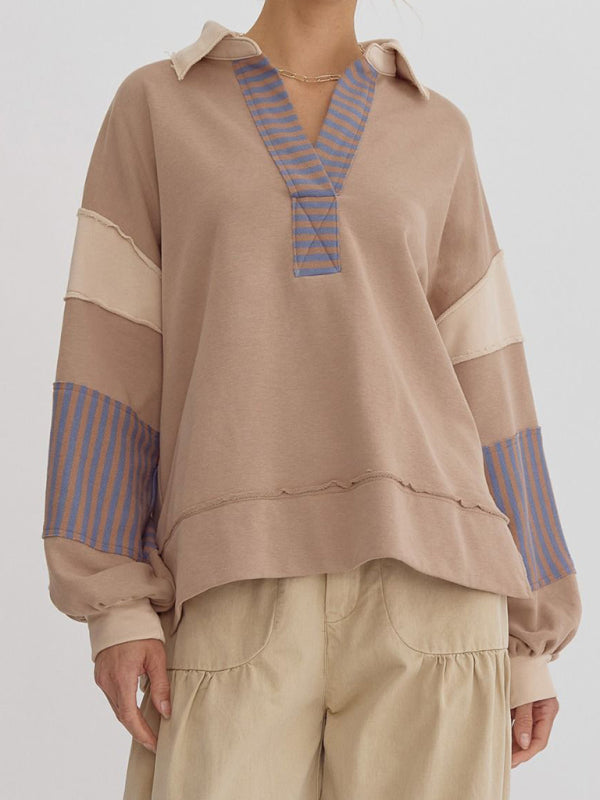 Madisyn Women's Sweatshirt Oversized Polo Neck Striped Colorblocking Top