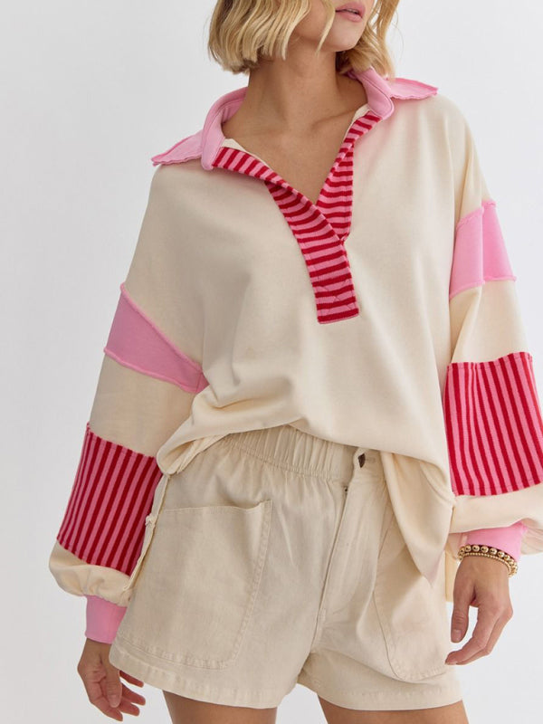 Madisyn Women's Sweatshirt Oversized Polo Neck Striped Colorblocking Top