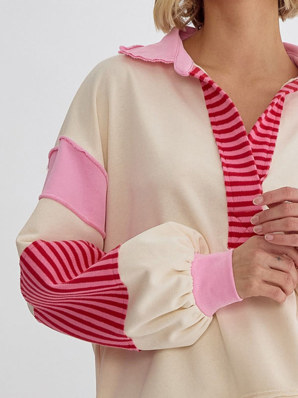 Madisyn Women's Sweatshirt Oversized Polo Neck Striped Colorblocking Top