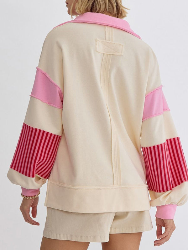 Madisyn Women's Sweatshirt Oversized Polo Neck Striped Colorblocking Top