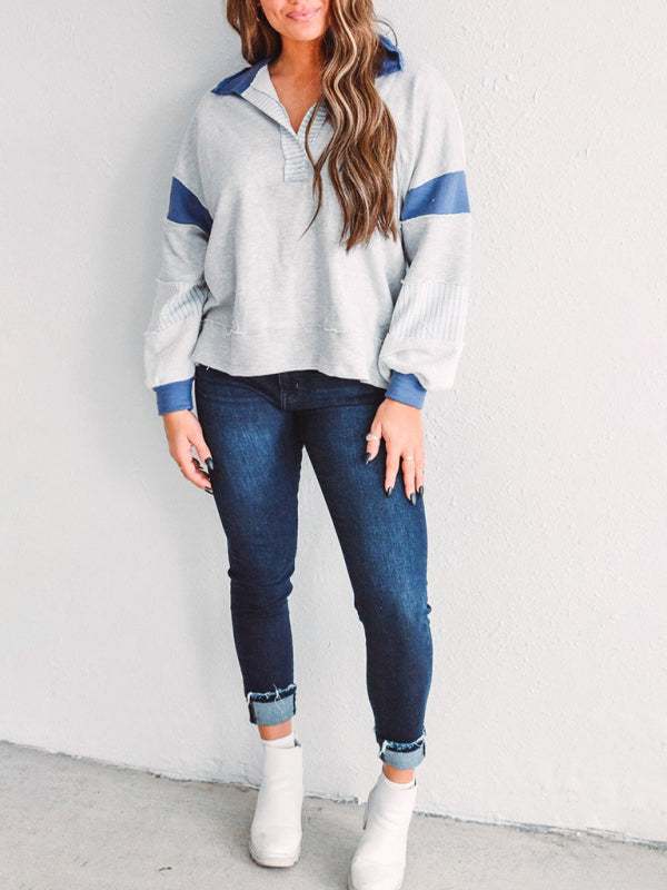 Madisyn Women's Sweatshirt Oversized Polo Neck Striped Colorblocking Top
