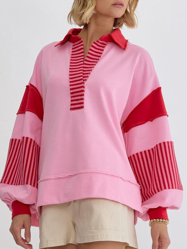Madisyn Women's Sweatshirt Oversized Polo Neck Striped Colorblocking Top