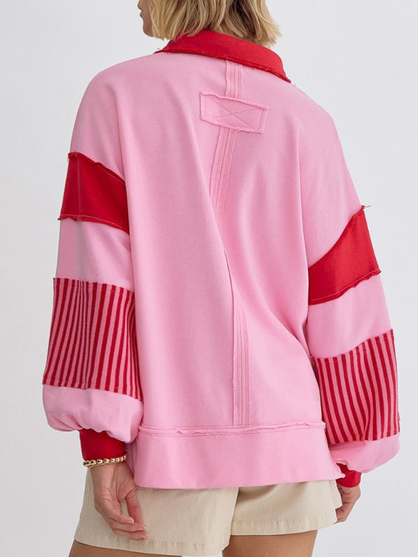 Madisyn Women's Sweatshirt Oversized Polo Neck Striped Colorblocking Top