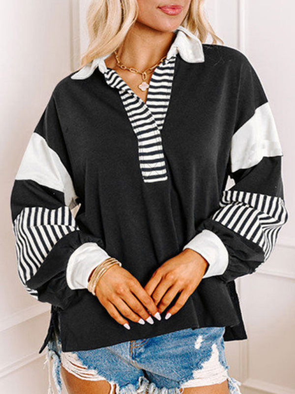 Madisyn Women's Sweatshirt Oversized Polo Neck Striped Colorblocking Top