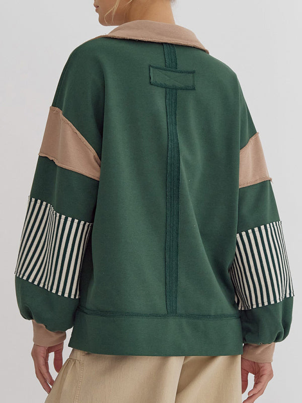 Madisyn Women's Sweatshirt Oversized Polo Neck Striped Colorblocking Top