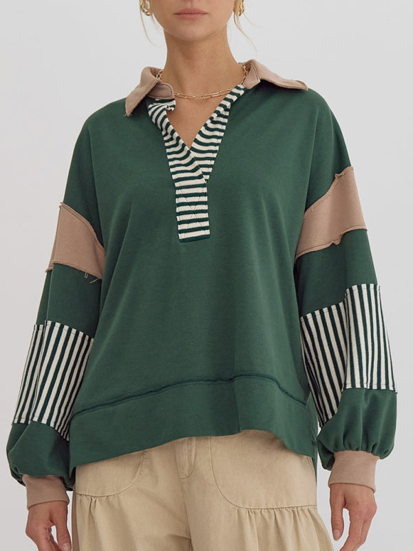 Madisyn Women's Sweatshirt Oversized Polo Neck Striped Colorblocking Top