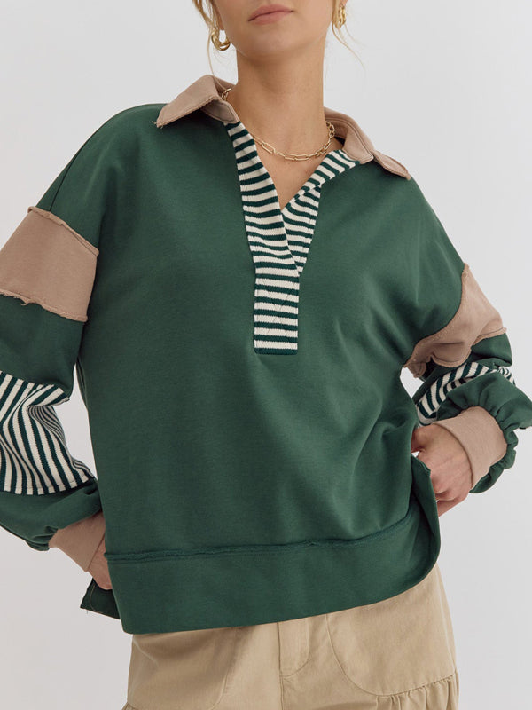 Madisyn Women's Sweatshirt Oversized Polo Neck Striped Colorblocking Top