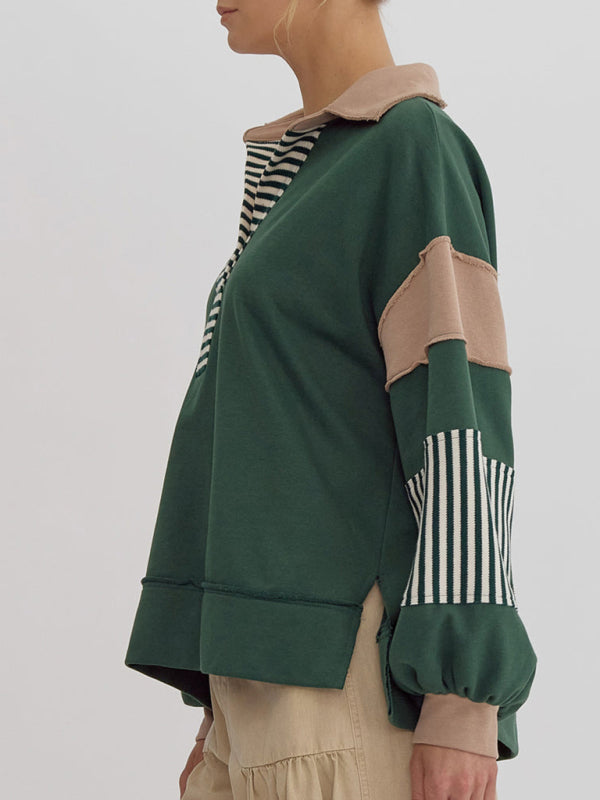 Madisyn Women's Sweatshirt Oversized Polo Neck Striped Colorblocking Top